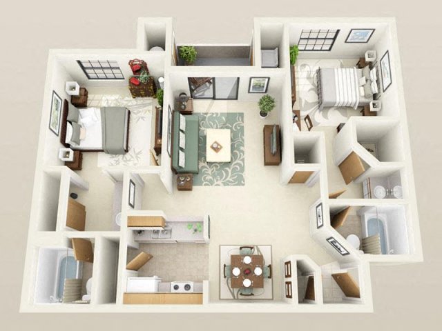 Floor plan for 2 beds, 2 baths, 960 sqft